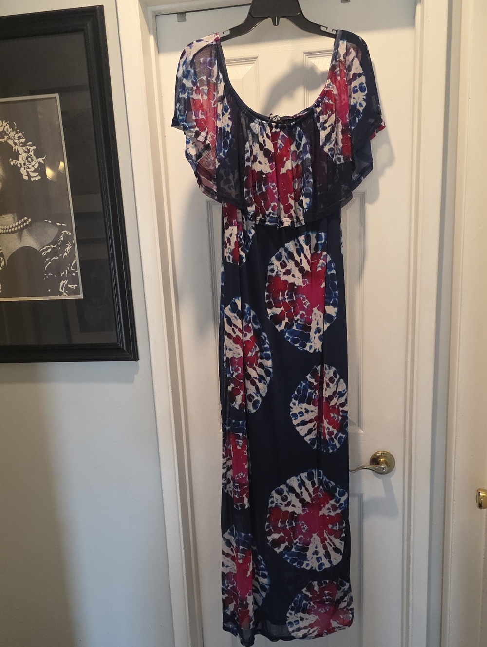 Tie-Dye Navy, Red & White Maxi Dress with Flutter Sleeves